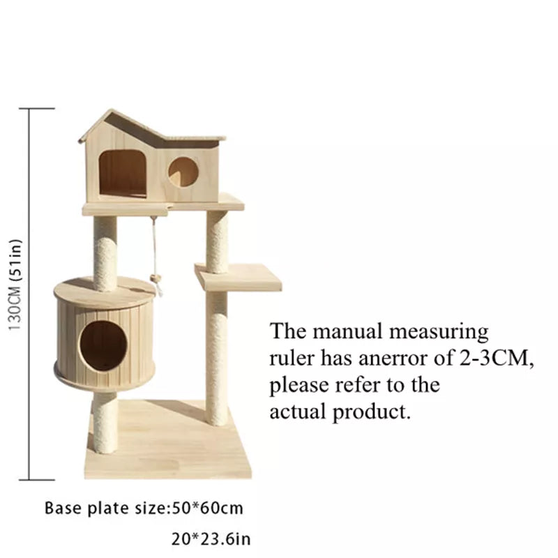 Multi-Level Wooden Cat Tower with Scratching Post & Toy 130cm