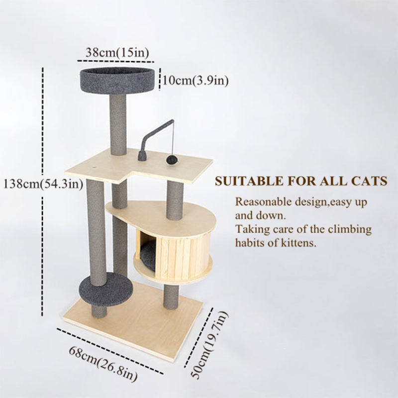 Modern Cat Tree Wooden Multi-Level Cat Scraper Tower with Toy