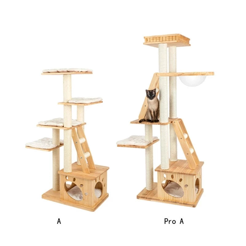 Solid Wood Cat Tree 95~195cm Multi-Level Cat Tower 4types