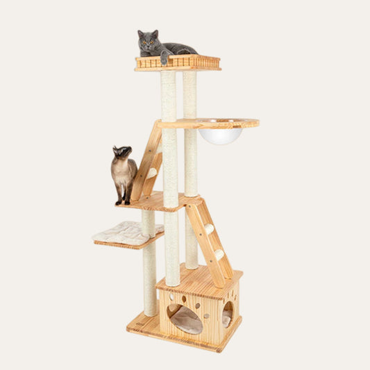 Solid Wood Cat Tree 95~195cm Multi-Level Cat Tower 4types