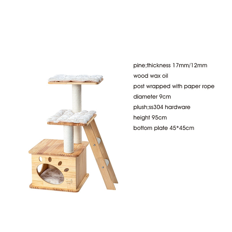 Solid Wood Cat Tree 95~195cm Multi-Level Cat Tower 4types