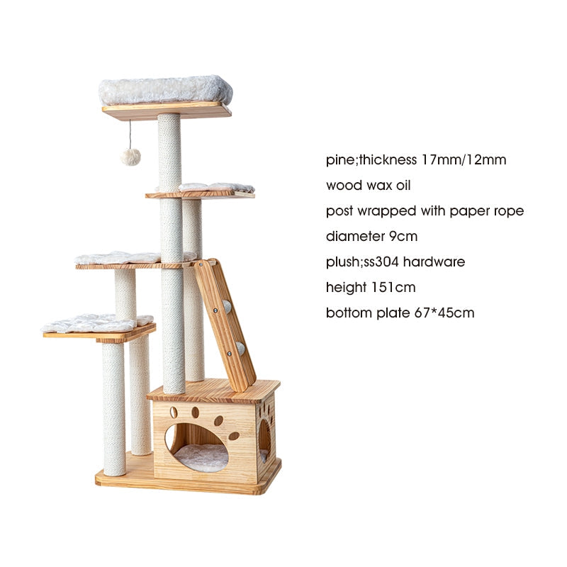 Solid Wood Cat Tree 95~195cm Multi-Level Cat Tower 4types