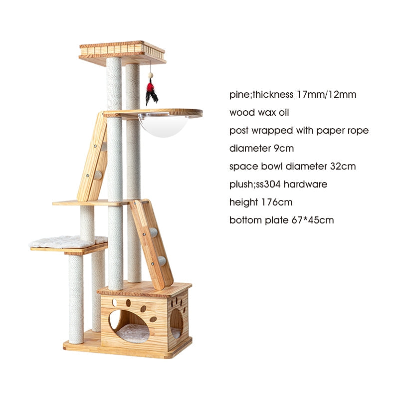 Solid Wood Cat Tree 95~195cm Multi-Level Cat Tower 4types